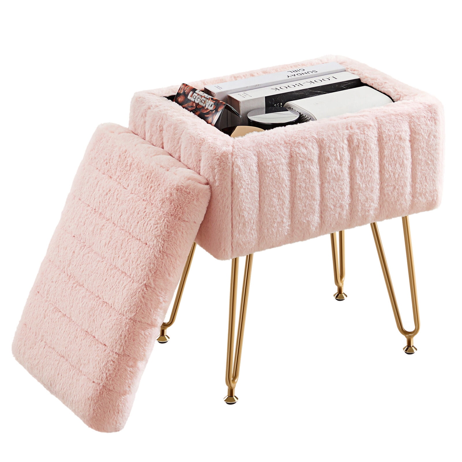 Simenmax Vanity Stool Chair with Storage, Ottoman Faux Fur Soft Padded Makeup Footstools Seat with 4 Metal Legs Anti-Slip Adjustable Feet Modern Cute Small Footrest for Home Entryway Bedroom,Pink