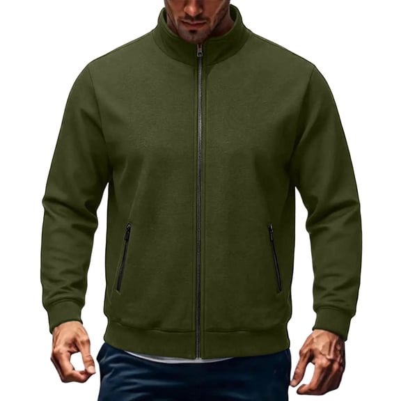 Full Zip Fleece Jackets for Men, Stand Neck Long Sleeve Sweatshirt Jackets, Loose No Hood Fall Outerwear with Pockets