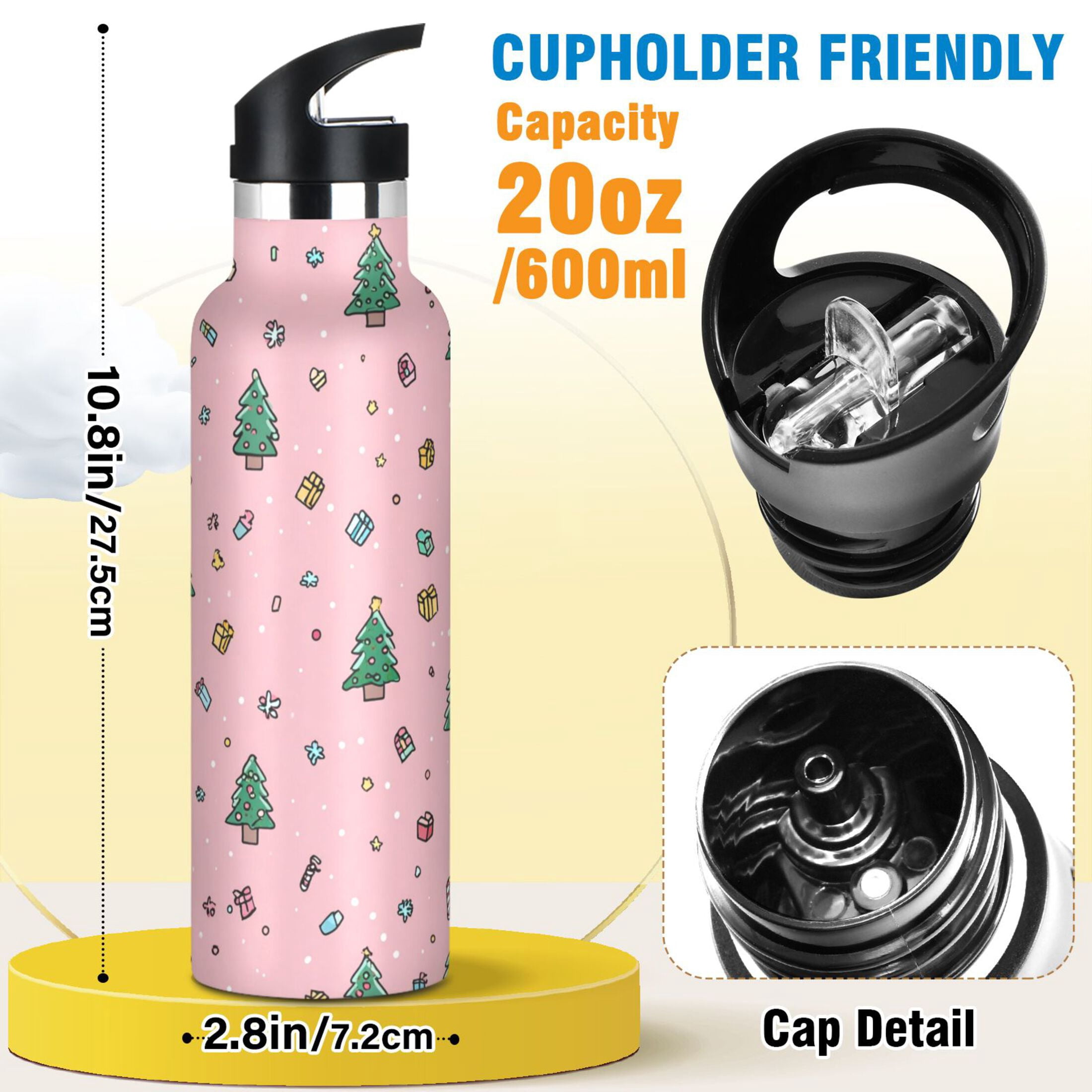 600ML Stainless Steel Insulated Cup Sports Water Bottle Portable Thermos Cup Water Glasses Insulated Tumblers Convenient and Durable Christmas Tree Green