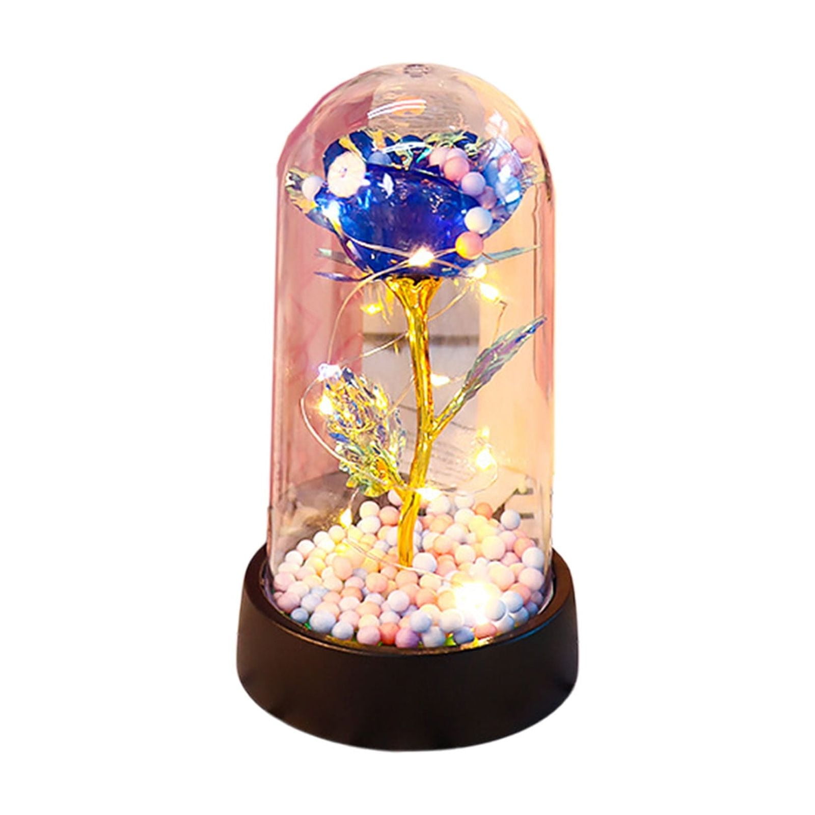Eternal Rose in Glass Dome with LED Lights, Preserved Flower Gift for Women Mom and Loved Ones, Romantic Birthday and Valentine's Day Present with Wooden Base for Home Decor