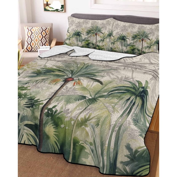 Summer Tropical Leaves Full Size Down Alternative Comforter, Lightweight Comforter Quilt Bedding Set with Pillow Shams Green Palm Trees Botanical All Seasons Bed Comforter Duvet Insert 78"x90"