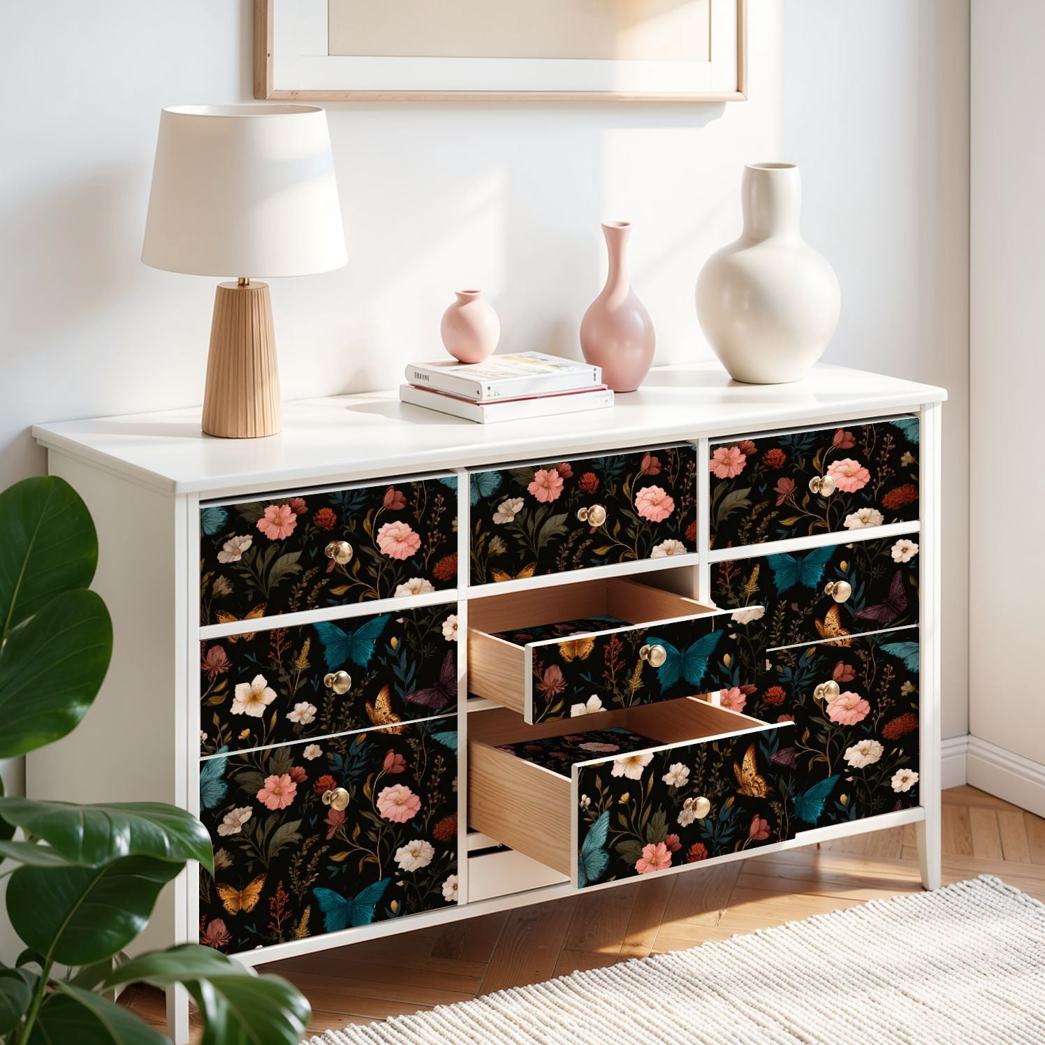 Peel and Stick Wallpaper Floral Botanical Butterflies Dark Elegant Vintage Style 24in x 118in Contact Paper Removable Self Adhesive Wall Mural Wall Decor for Bedroom Kitchen Cabinets