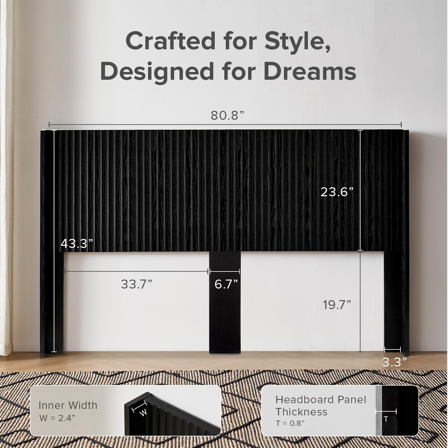 mopio Brooklyn King Size Black Headboard, 80.8" Wide Headboard Only, Wood Headboard, Modern Farmhouse, Boho, Wall Mount, Fluted Panel, Wingback Design