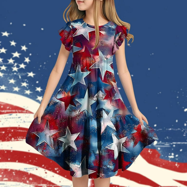 Yabcsaz 4th of July Girl's Dresses Summer Casual Dress American Flag Star Sundress Ruffle Sleeveless Princess Dresses Kids Patriotic Clothes Loose