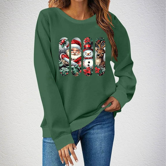 Sakmal Christmas Women Sweatshirts Holiday Graphic Fall Green Sweatshirts Loose Fit Long Sleeve Shirts
