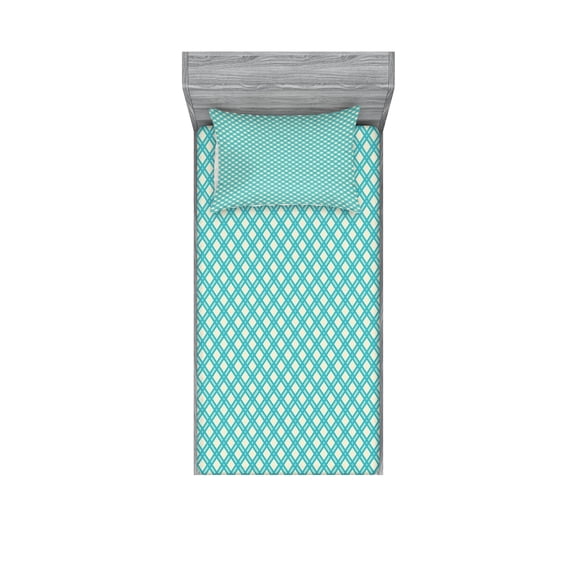 Ambesonne Geometric Fitted Sheet & Pillow Sham Set, Aqua Checked Tile, Twin, Turquoise Ivory