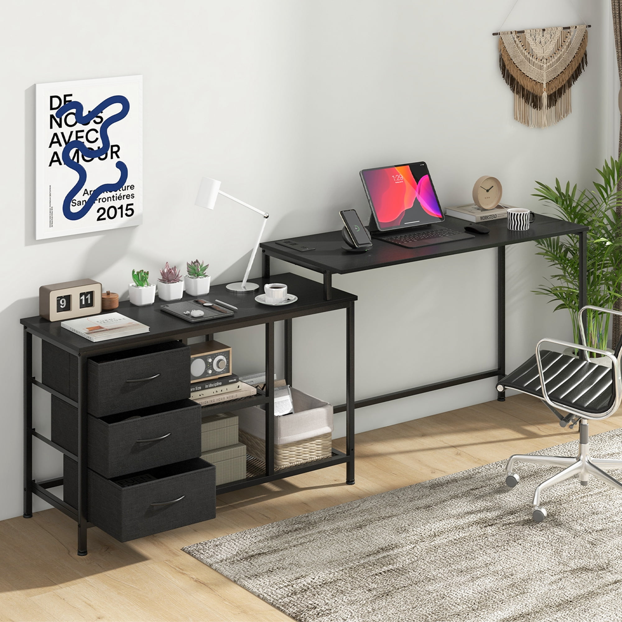 Costway L-shaped Computer Desk with Power Outlet, Fabric Drawers, Metal Mesh Shelves Black