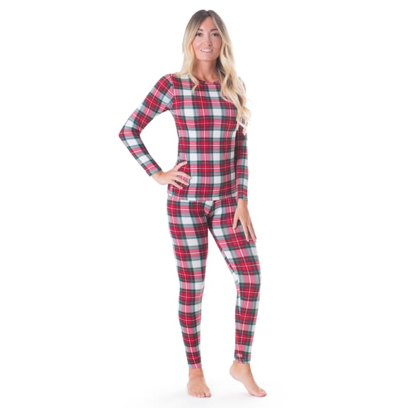 Rocky Women Thermal Top and Bottom Warmer Cold Weather Underwear Set, White Plaid Large