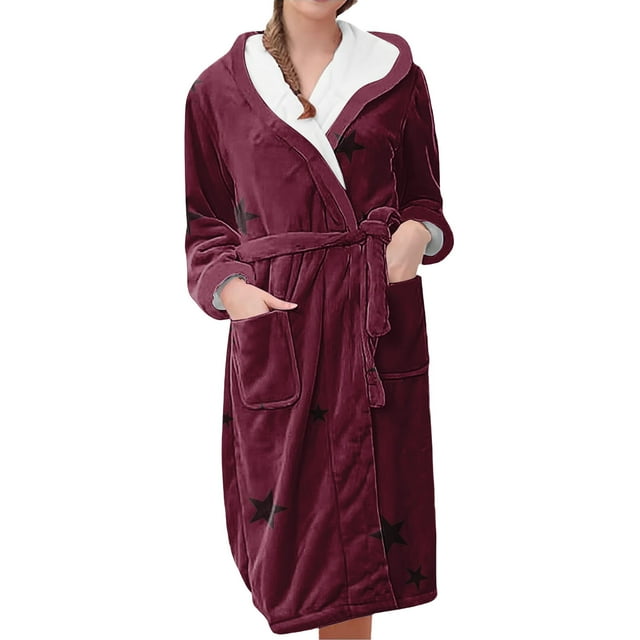 Jindong Robes en Peluche pour Femmes Robe en Polaire Longue Chaude Peignoir de Bain Veste de Détente Imprimée Robe de Confort Robes pour Femmes