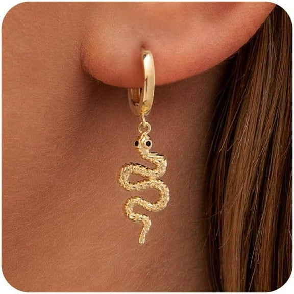 Women Snake Earrings - 14K Gold Plated Huggie Hoop Serpent Dangle Earrings Hypoallergenic Snake Stud Earring Everyday Trendy Jewelry