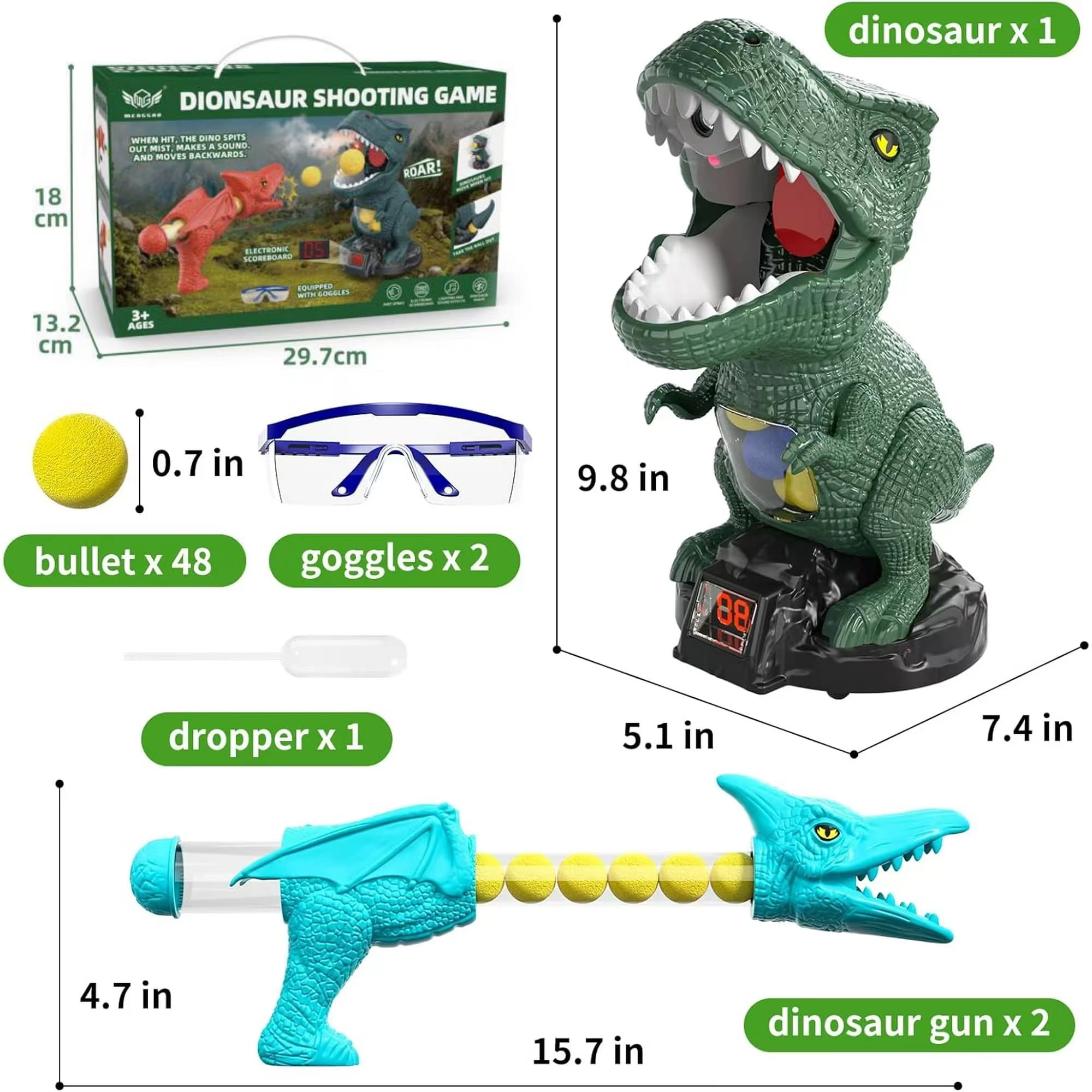 Dinosaur Shooting Game for Kids – 2 Air Pump Launchers, Electronic Target with LCD Score, Lights & Sounds, 24 Foam Balls, Gift for Boys Ages 3-5