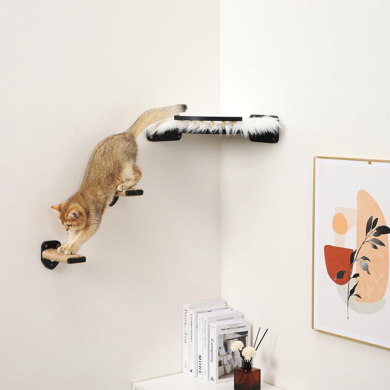 Cat Wall Shelves - 3 Steps Scratch & Hammock Bed With Plush Cover  Climbing Shfor Indoor Cats (black)