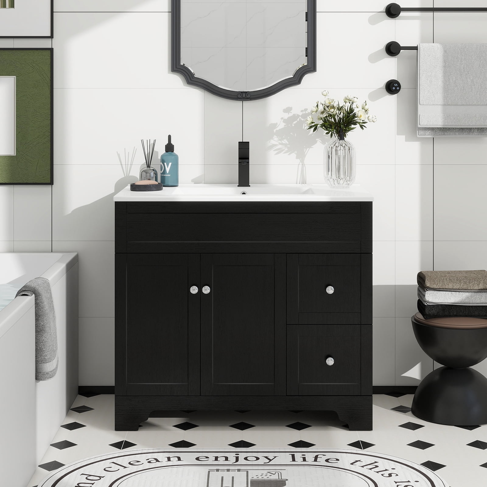 PULUOMIS 36" Bathroom Vanity with Sink Combo, Modern Bathroom Storage Vanities Set with 2 Drawers and 1 Soft Closing Door, Ceramic Undermount Sink, Without Faucet, Black