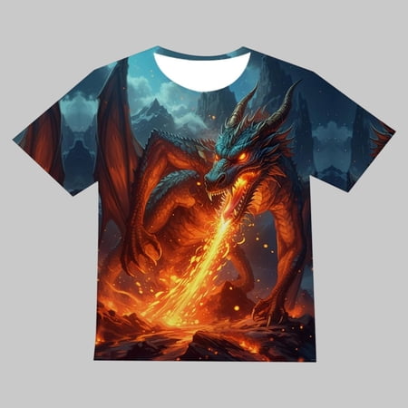 Boys Tshirts Short Sleeve Crewneck 3D Dragon Print Graphic Tees Summer Loose Fashion Kids T Shirts Size 3-4Y