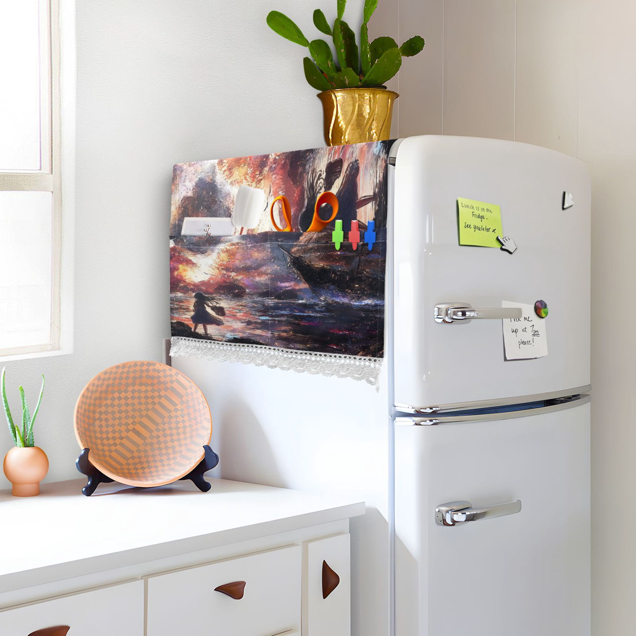 Girl Waiting for The BoatWasher and Dryer Covers Dust-Proof and Oil Resistant Fridge Cover with 4 Storage Pockets Washing Machine Top Cover for Laundry Kitchen Home 51.2 x 22 In