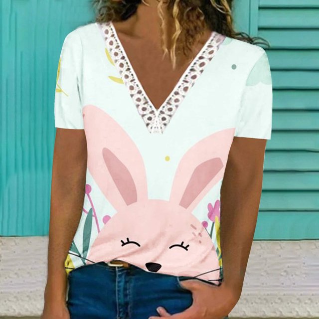 ICHUANYI Liquidación Blusa de manga corta con encaje estampado a la moda para mujer, blusa informal con cuello en V ICHUANYI WER202308246540