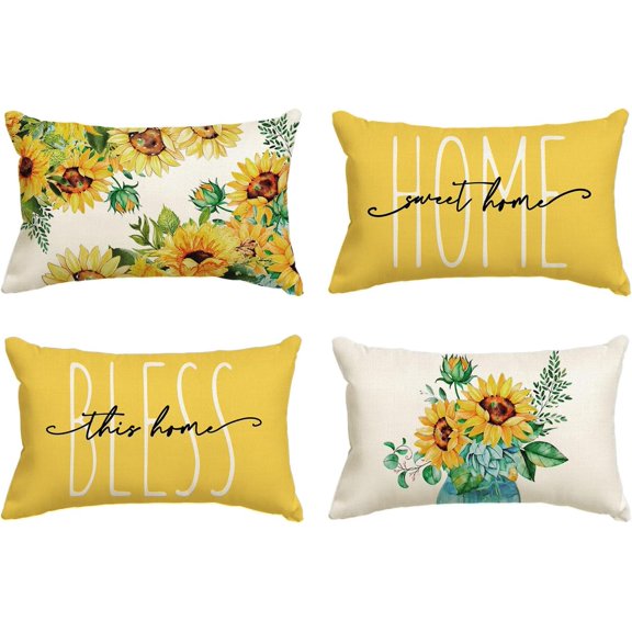 Home Sweet Home Sunflower Yellow Throw Pillow Covers, 12x20 Inch Summer Seasonal Decorations for Home Set of 4