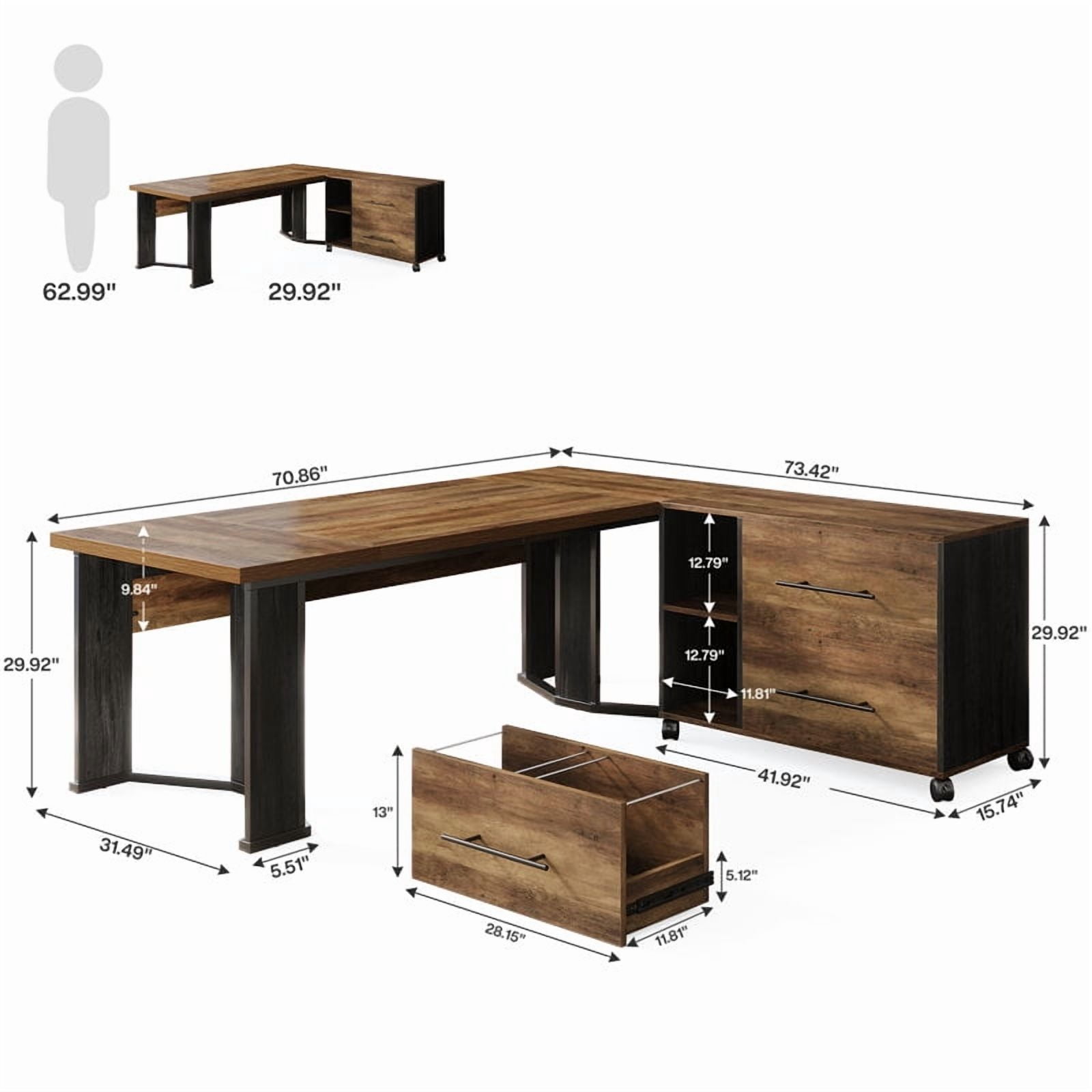 Tribesigns 70.86" L Shaped Executive Desk with Mobile File Cabinet, 2 Drawers and Storage Shelves for Home Office, Brown