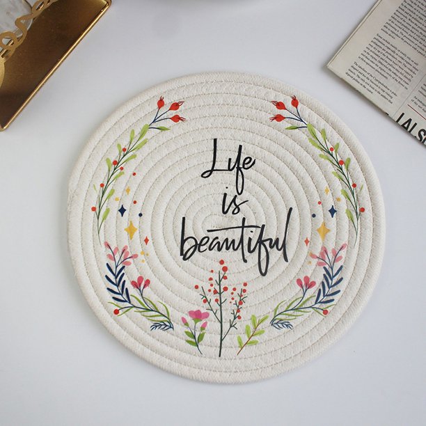 Posavasos de algodón y lino con pequeñas flores de estilo japonés, tapete de cuerda de algodón redondo grueso, mantel individual tejido a mano, tapete antiescaldaduras para platos y cuencos