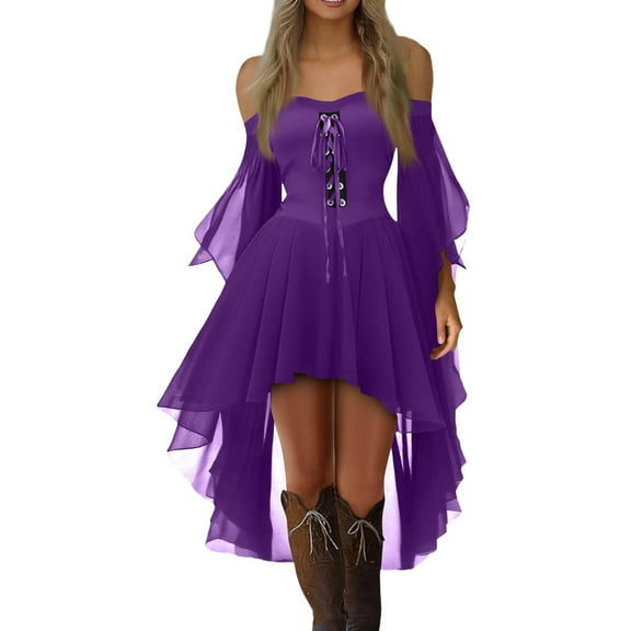Tianiyouqing Women Witch Dress Renaissance Medieval Vampire Clothes Halloween Cosplay Butterfly Sleeve Mesh Gothic Dress Purple Pink XXXL
