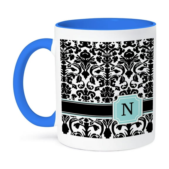 3dRose, Letter N personal monogrammed mint blue black and white damask pattern - classy personalized initial, 11oz Two-Tone Blue Mug