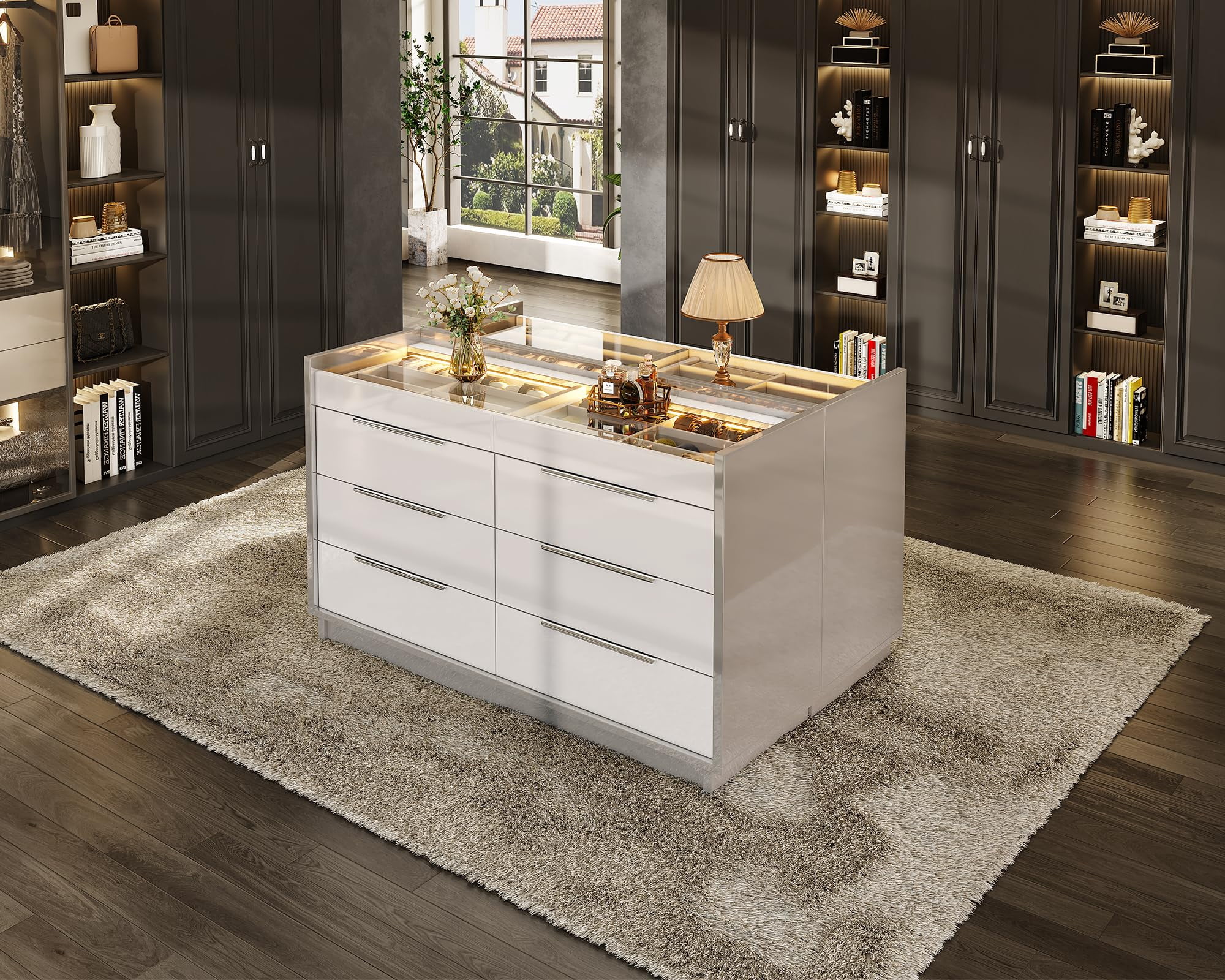 Papajet 47.2" W 8 Drawer Dresser with LED Light & Glass Top, Modern Storage Chest with 2 Jewelry Drawers, Storage Organizer for Bedroom, Cream & Grey