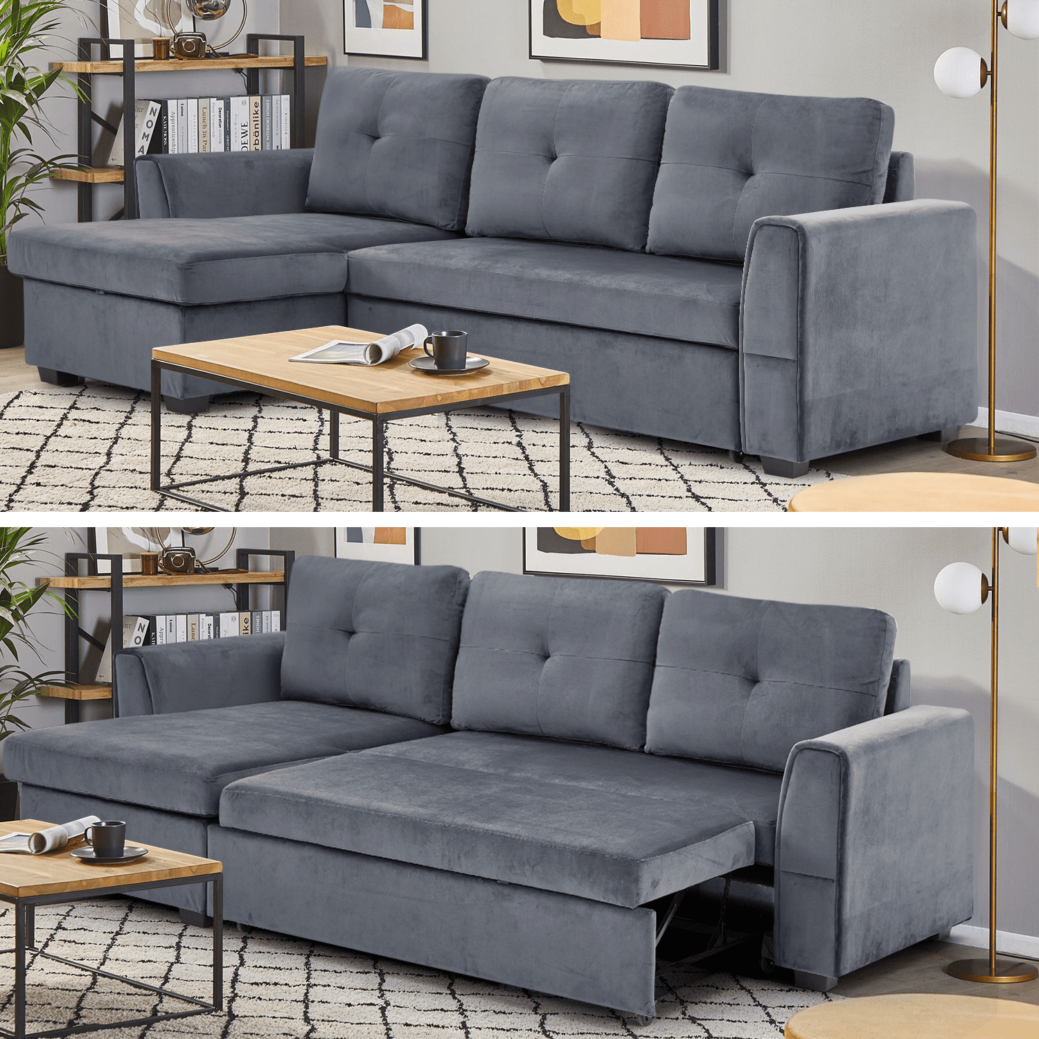 Hommow Sectional Sleeper Sofa, Flannel L-Shaped Sofa Bed with Storage Ottoman, Gray