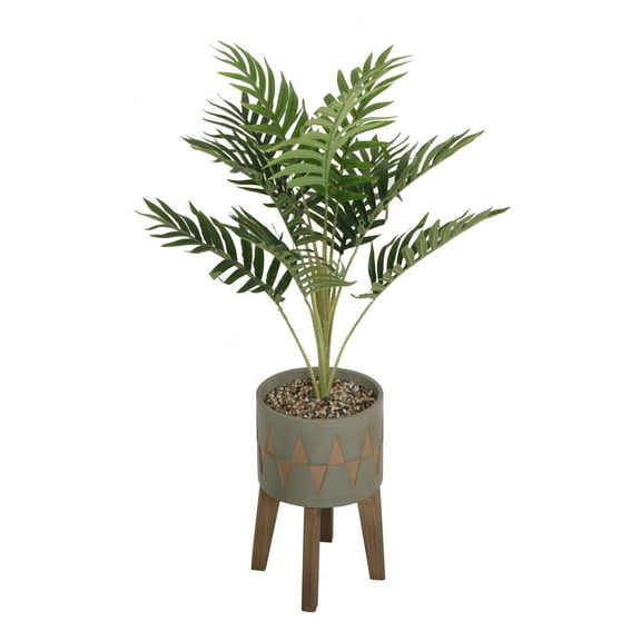 3.15" Artificial Palm in Olive Triangle Print Cement Planter on Wood Stand
