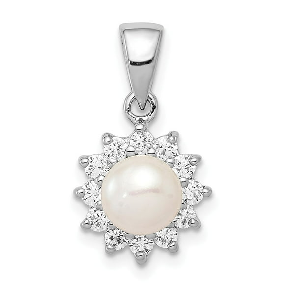 White Sterling Silver Charm Pendant Cubic Zirconia CZ Round Pearl Freshwater 14 mm 12