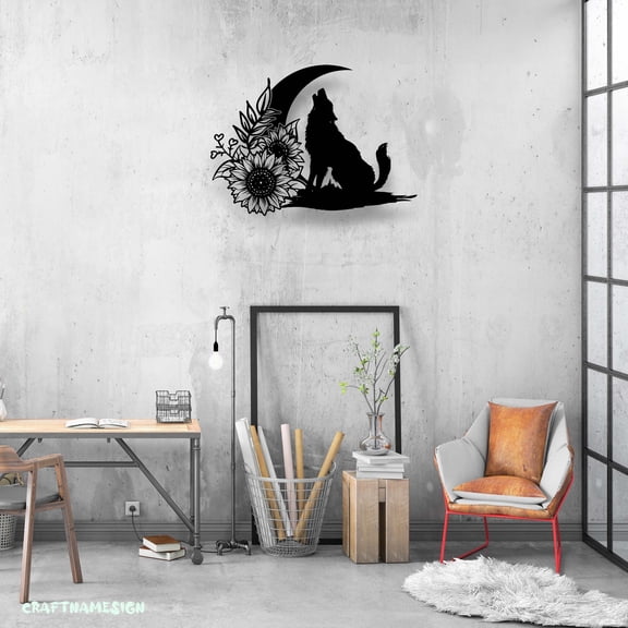 Craftnamesign Wolf On The Moon Metal Wall Art LED Light, Howling Wolf Sign Home Decor