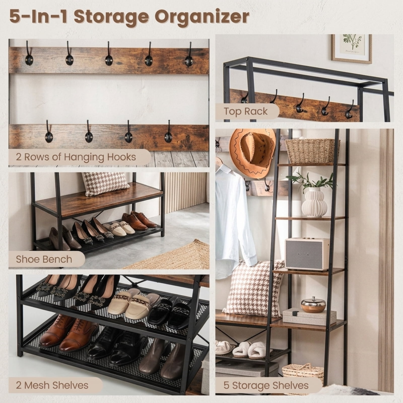 Furnibear 5 in 1 Entryway Hall Tree with Storage Bench and 9 Hooks and Shoe Shelves for Mudroom and Bedroom, Rustic Brown
