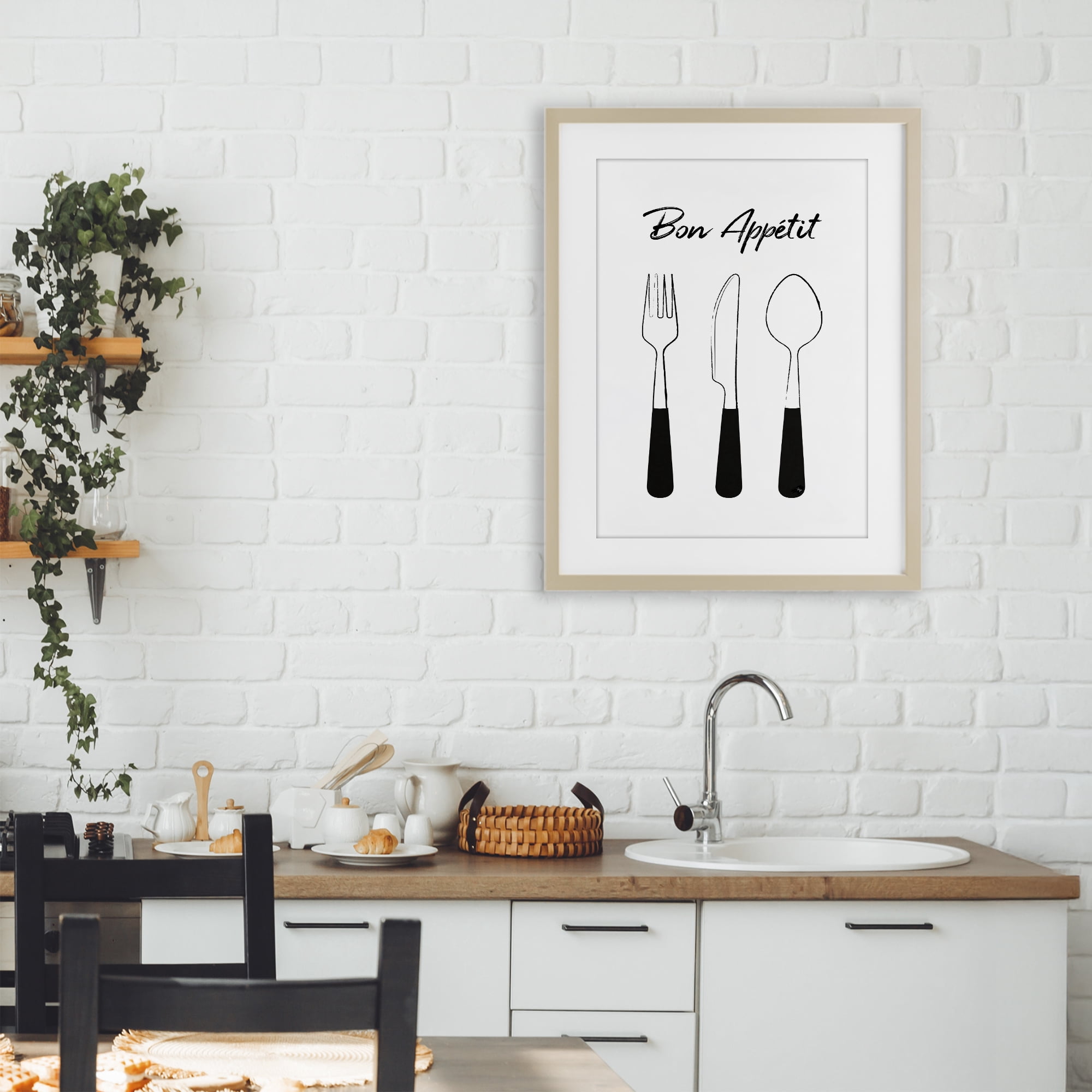 Stupell Industries Bon Appetit Fork Knife Spoon Birch Framed Print Under Glass, design by Martina Pavlova