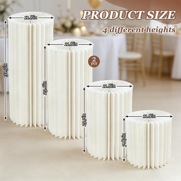 5 Pcs Portable White Cylinder Stand for Party Round Tall Cake Pedestal Stands with Acrylic Plates Foldable Cardboard Column Tables for Anniversary Birthday Shower Wedding Decor