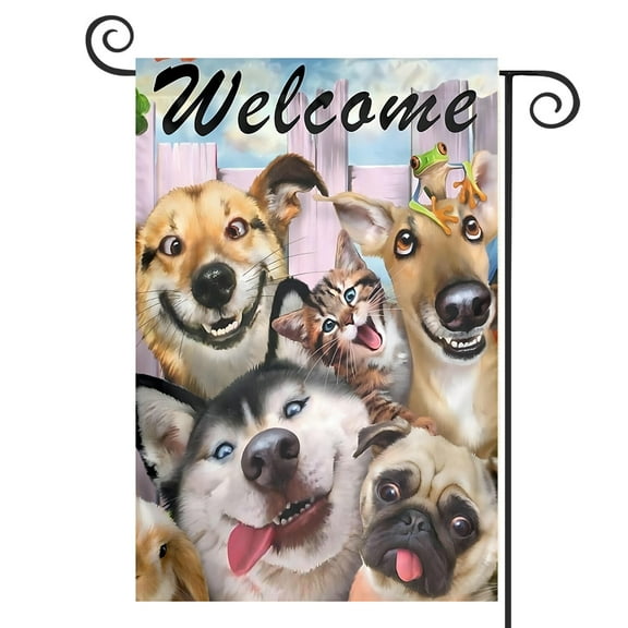 DMERBYL Welcome Happy Dog Animals Outdoor Garden Flag, Double Sided Vertical Garden Yard Flag Banner for Lawn House Outside Decor 12x18inch