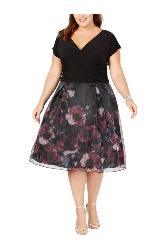 Womens Plus Organza Ruched Floral Cocktail Dress