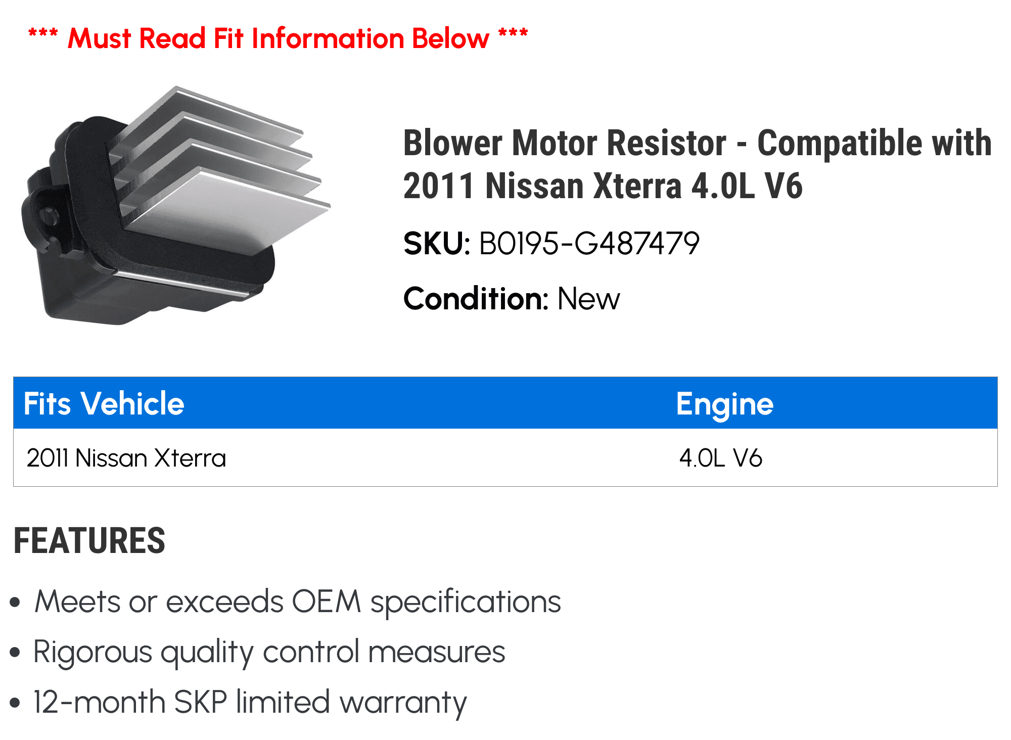 Blower Motor Resistor - Compatible with 2011 Nissan Xterra 4.0L V6