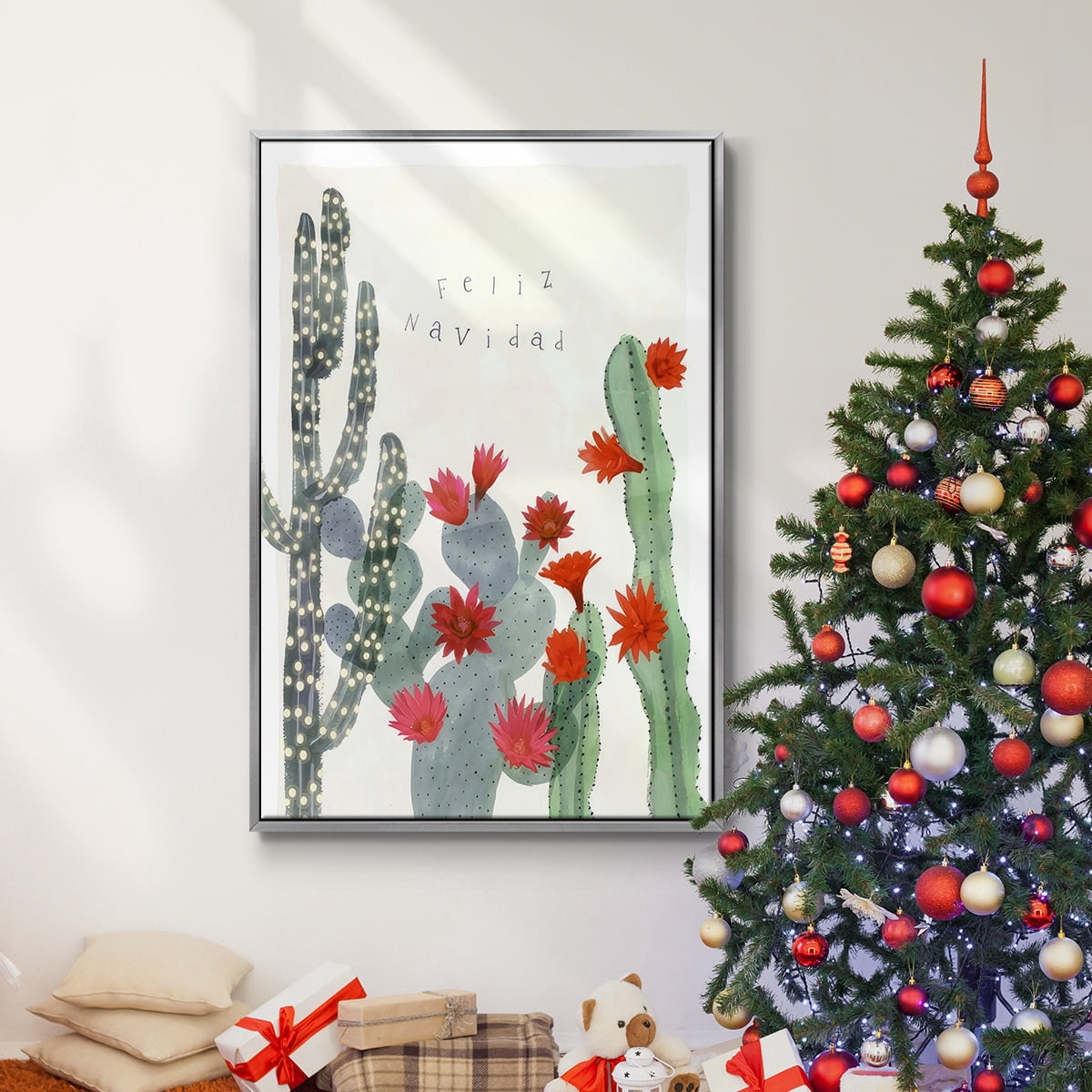 Desert Christmas Cactus II - Framed Gallery Wrapped Holiday Canvas - 27 x 41 - Silver Frame