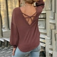 thumbnail image 5 of Women's Casual Tops Solid Color O-neck Hollow Back Blouse Long Puff Sleeves Dressy Waffle Knit Sweater Shirts(L,Coffee), 5 of 5