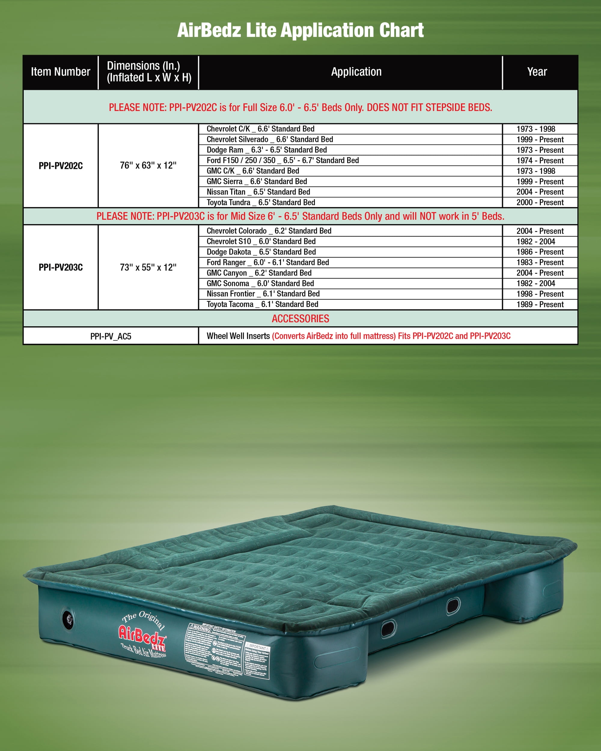 AirBedz Lite by Pittman Outdoors Mid Size 6.0'-6.5' Truck Bed with Portable DC Air Pump