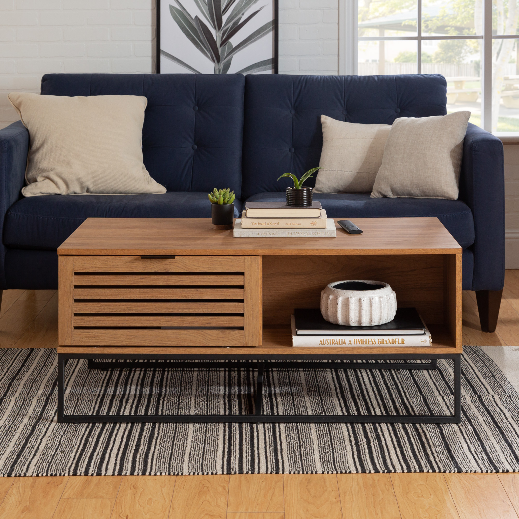 Niantic Modern Slat Door Storage Coffee Table, English Oak