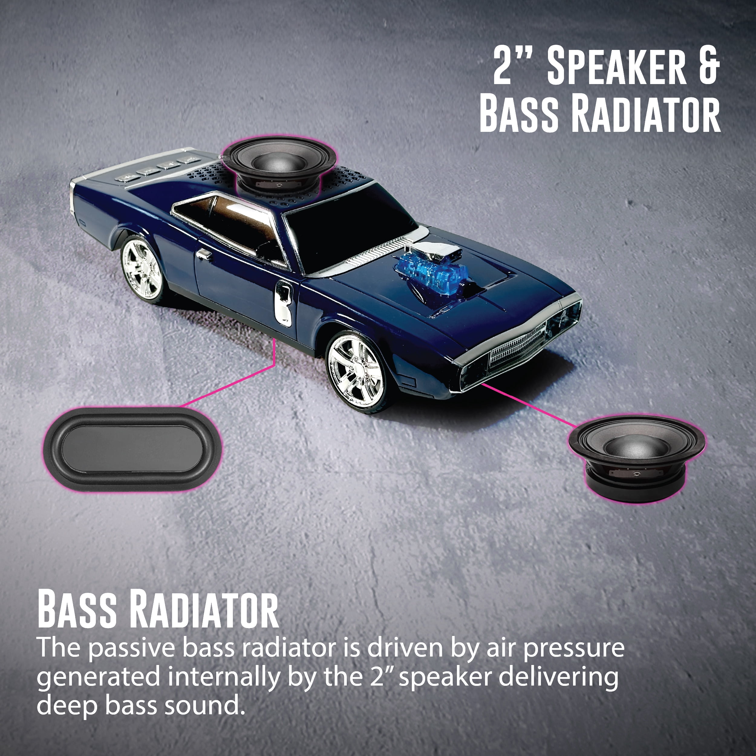 QFX Bluetooth 1968 Retro Muscle Car Replica Speaker, Dual 2-inch Speakers, Hands Free Link, Built-in Microphone, FM Radio and LED Party Lights, Blue - BT-1968-BLU
