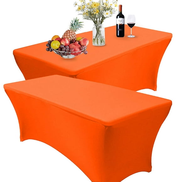 RELIANCER 2 Pack 4FT Rectangular Spandex Table Cover Four-Way Tight Fitted Stretch Tablecloth Table Cloth for Outdoor Party DJ Tradeshow Banquet Vendor Wedding Celebration (2PC 4FT Orange)