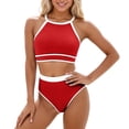 thumbnail image 3 of HUAXUN Women 2 Piece Swimsuits Bikini Set Racerback Modest Bathing Suit Sporty High Neck Crop Top with High Waisted Bottom Swimwear(Red,M), 3 of 4