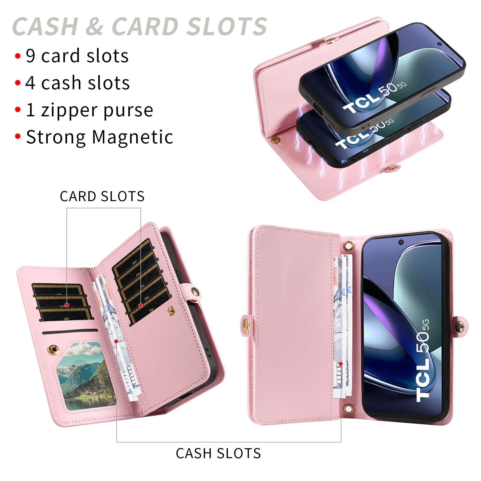 Asuwish Phone Case for TCL 50 5G/50 XE NXTPAPER/50 XE 5G Zipper Wallet Detachable Cell Cover with Tempered Glass Screen Protector Crossbody Lanyard Strap Glitter Flip Card Holder Slot Women Pink
