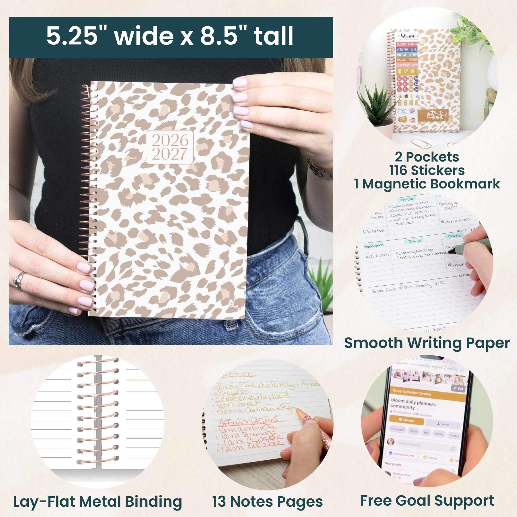 bloom daily planners 2026-2027 Academic Planner, 13 Month Monthly & Weekly Soft Cover, 5.5" x 8.25", Stickers Included, Tan Leopard