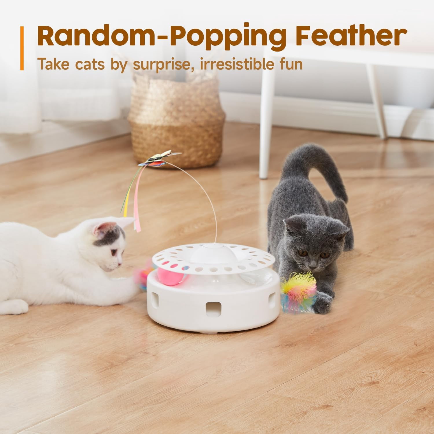 Cat Toys 3in1 Automatic Interactive Kitten Toy, Fluttering Butterfly, Moving Feather, Track Balls, Dual Power Supplies, USB Powered, Indoor Exercise Kicker (Bright White)