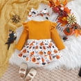 thumbnail image 5 of Byoo Infant Girl's Halloween Pumpkin Ghost All Over Print Clothes Set Waffle Knit Ruffle Strap Romper Bow Decor Jumpsuit,Beige, 5 of 8