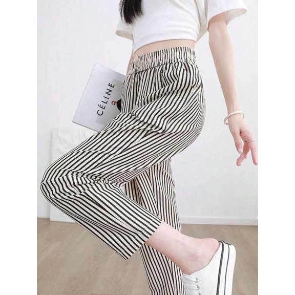 Women's Slim Fit Cropped Trousers, High Waist Striped Pants for Going Out, Commute & Everyday Wear