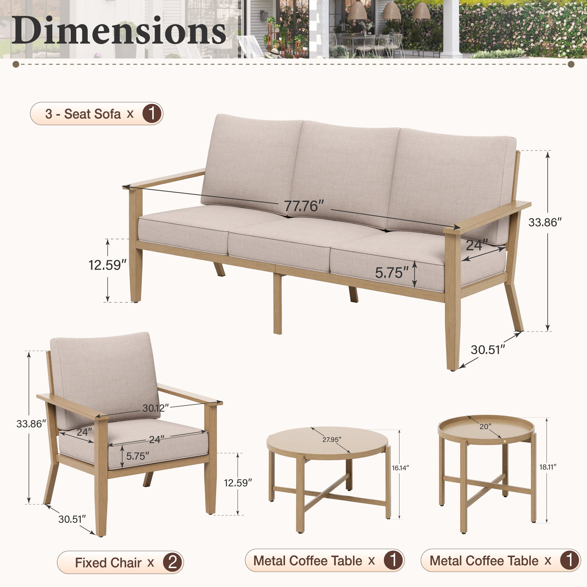 Summit Living 5-Piece Woven Rope Outdoor Patio Furniture Set with Fixed Chairs & 2 Round Nesting Coffee Table, Wood-Grain Outdoor Patio Conversation Set for 5 People, Beige