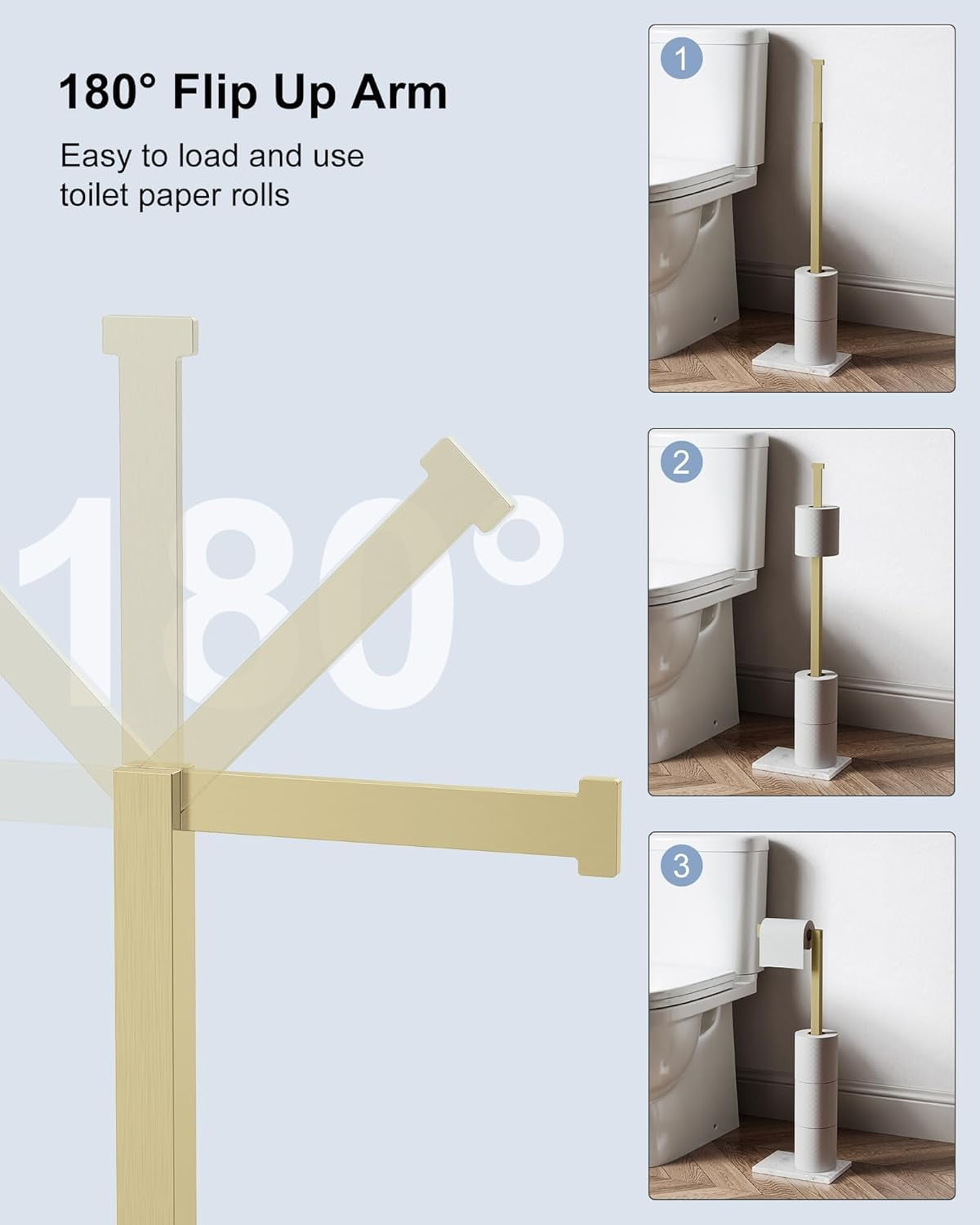 Toilet Paper Holder Stand Brushed Gold SUS 304 Stainless Steel Rustproof Free Standing 22 Inch Rotating Bathroom Tissue Roll For 4 Rolls With Marble Base